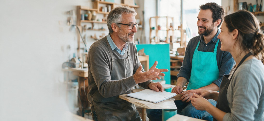 Dirigeant de TPE échangeant avec ses salariés dans son atelier, illustration de la motivation en petite entreprise